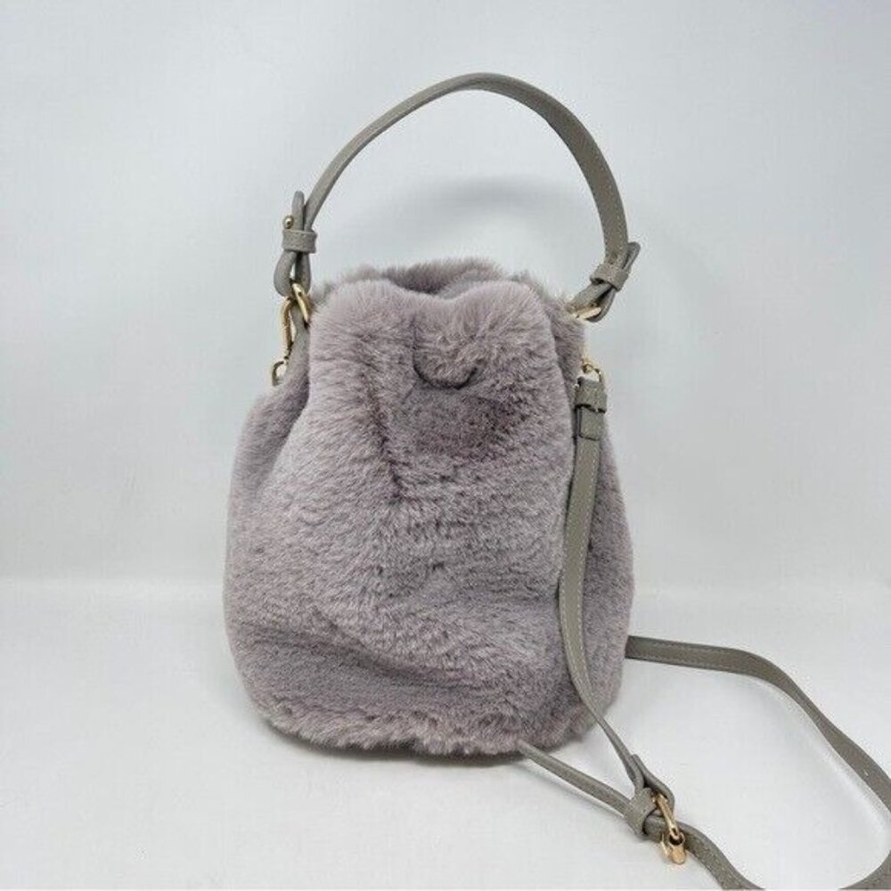 Street Level Plush Faux Fur Grey Bucket Bag Small Crossbody Bag - Picture 6 of 11